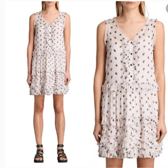 All Saints Deidre Ruffle Sheer Mini Dress Lightweight Print Fairy Ruffles Pink - Picture 2 of 16